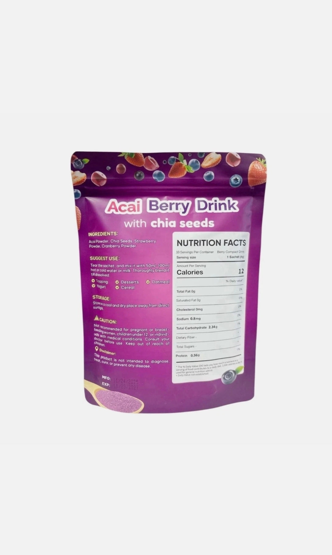 FITGUM Acai Berry Drink Powder with Chia Seeds 10 Sachets Daily Beverage