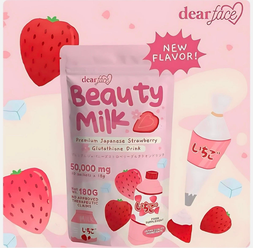 Dear Face Beauty Milk Japanese Collagen STRAWBERRY Drink, 10 Sachets X 18g