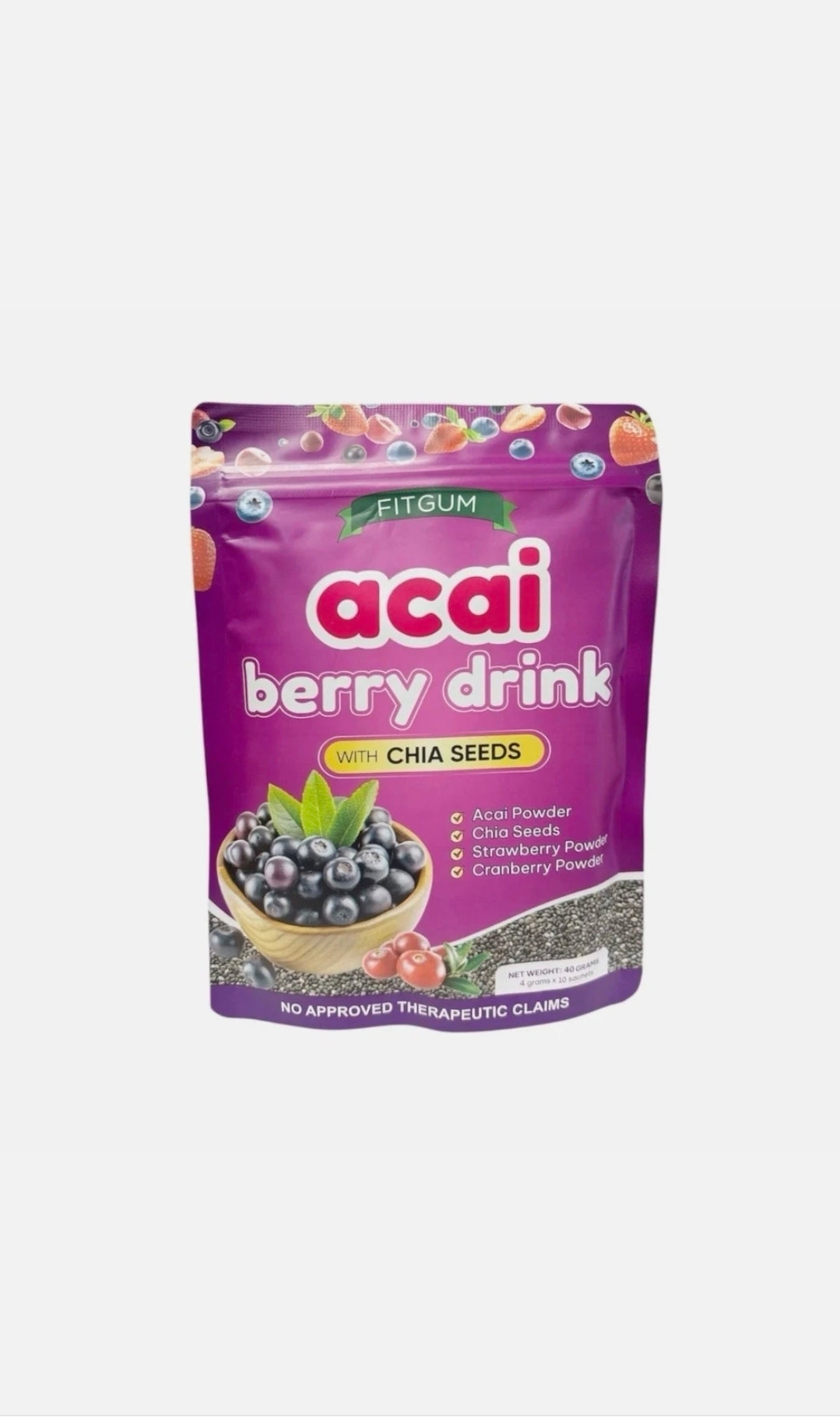 FITGUM Acai Berry Drink Powder with Chia Seeds 10 Sachets Daily Beverage