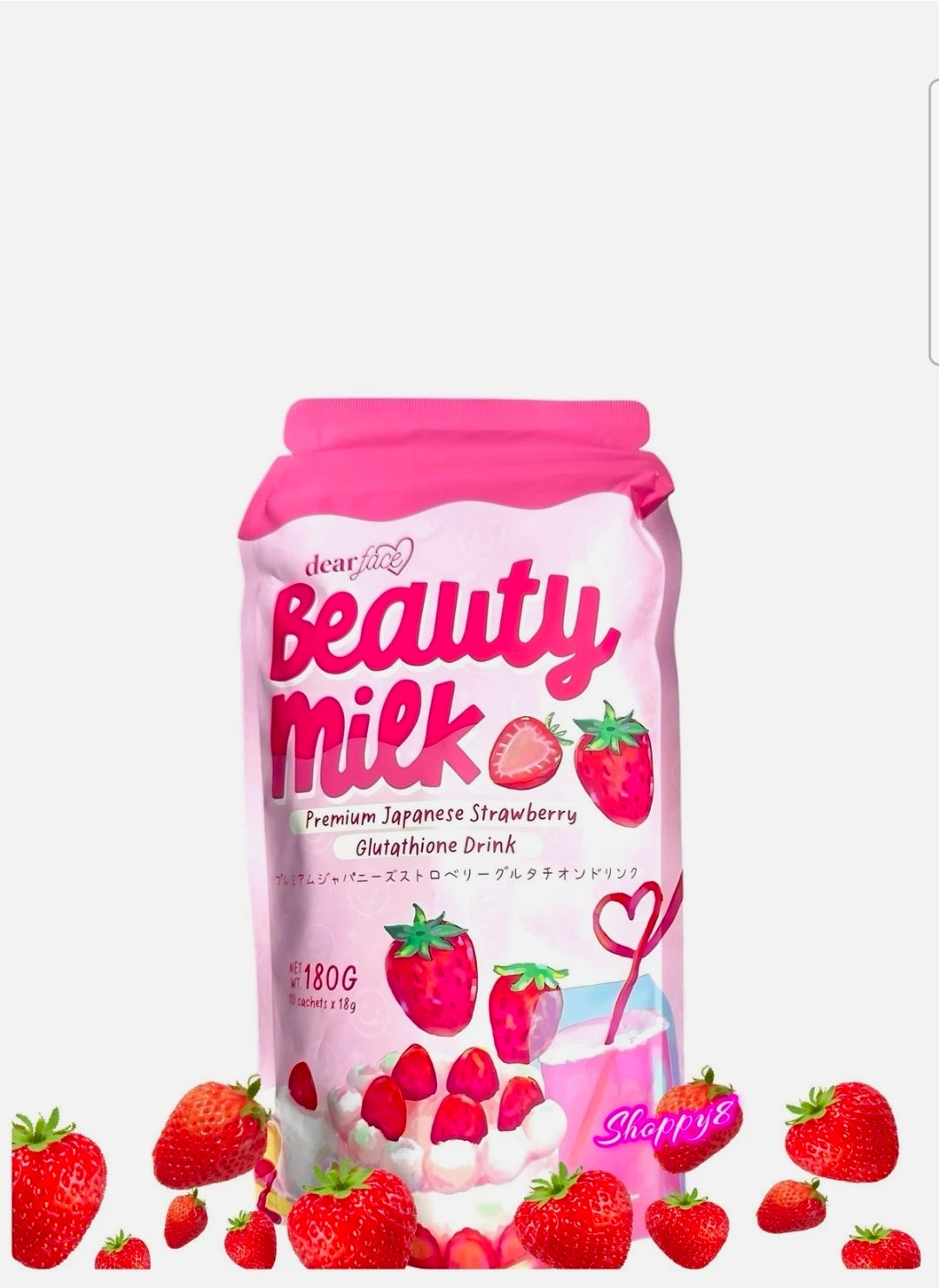 Dear Face Beauty Milk Japanese Collagen STRAWBERRY Drink, 10 Sachets X 18g